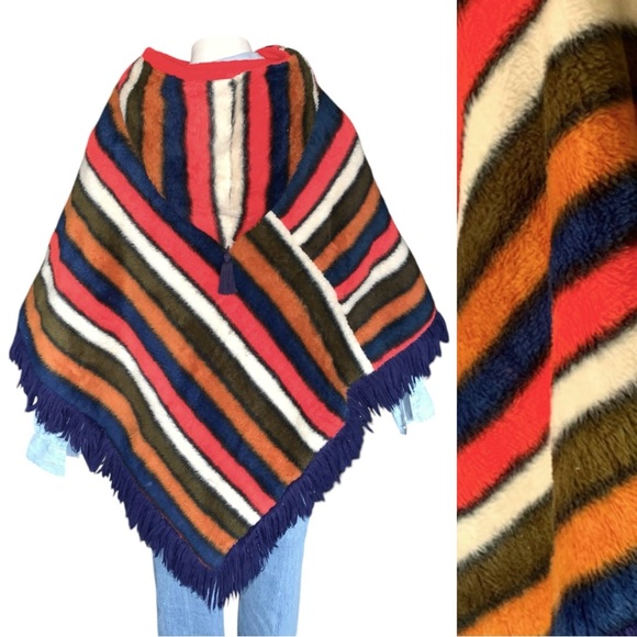 Vintage Unique Chevron Teddy Poncho Faux Fur One Size - Picture 2 of 15
